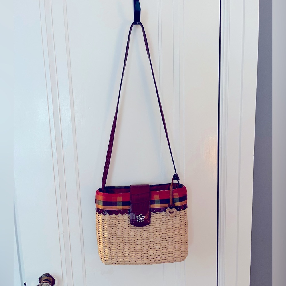 EUC Vintage Brighton Crossbody Straw Purse w/Plaid Silk Lining